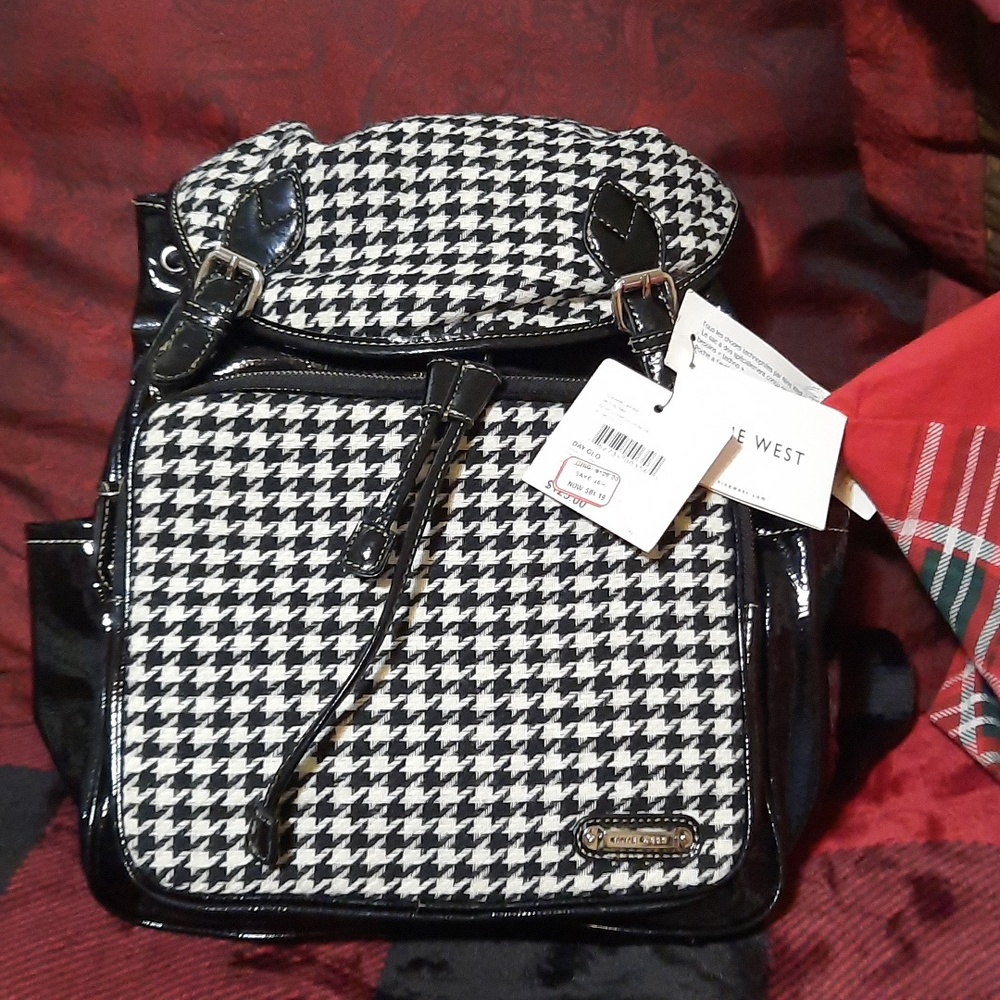 NWT Authentic NINE WEST Black White Check Print Patent Leather Backpack Bag